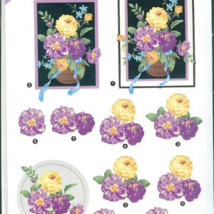 Keltaiset ja violetit kukat ruukussa stanssattu 3D-kuva 10 arkkia/paketti